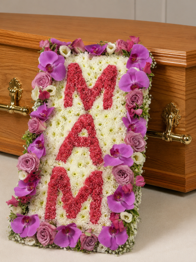 Designer Mum/Mam/Dad/Nan - A long display of letters, colours can be chosen, please contact florist to confirm letters and colours