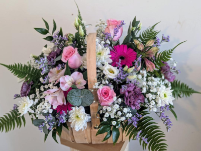 Cottage Garden Basket - A beautiful basket in pinks and creams including choice flowers for example roses or orchids etc