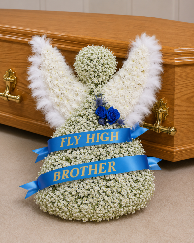 Angel Funeral tribute - A beautiful Angel tribute created using double white chrysranthemums and gypsophlia, finished with white feathers and a small spray, ribbon words can be added please request using the special request box along with colour required for the ribbon and spray - ribbon lettering can be changed as requested