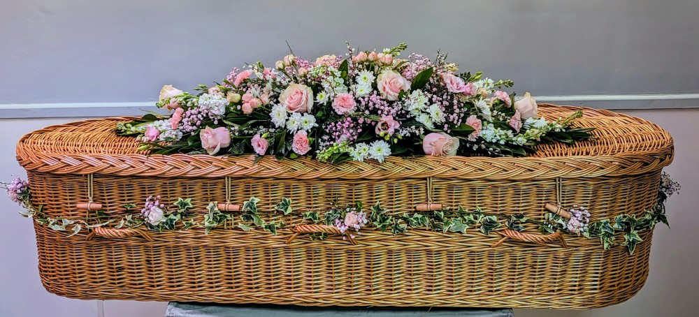 Wicker Casket Spray with Garland – “Dressed Casket” Floral Tribute (Pink & White) Product Image